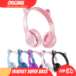 P47M Headphone Headset Bluetooth Gaming Cat Ears Wireless Bluetooth RGB Led Light Super Bass Stereo Bando Headset Gaming Telinga Kucing