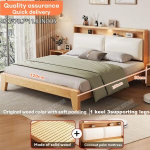 Solid Wood Bed Frame With Soft Bag Wooden Bed Frame Single/Queen/King Bed Frame Storage Style Grey/Wood