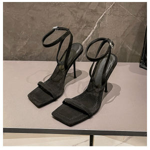 Free Shipping Summer New Collection: Square-Toe Minimalist Single-Strap Sandals High Heels WomenS Stiletto Heels Black Suede Open-Toe Versatile
