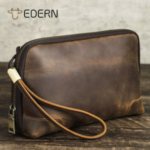 EDERN Retro Cowhide Cosmetic Bag for Men Genuine Leather Clutch Bag Handbag Large Capacity Data Cable Bluetooth Earbud Storage Bag