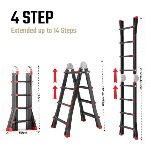 4 STEP Black Transformable Telescopic Extendable Ladder Heavy Duty Aluminium Alloy Thickened Ladder Multi-purpose Foldable Ladder