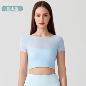 Lulu European and American Style Fake Two-Piece Sports Bra Running Yoga Wear Short Sleeve Pilates Integrated Cup Fitness Top T Womens T-shirt