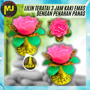 MJ Lilin Teratai 3 Jam Kaki Emas dengan Penahan Panas / Candle Sembahyang Bunga Lotus