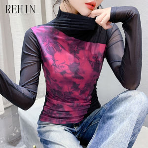 Rehin cao cổ lưới dài tay in họa tiết T-shirt-Mùa Thu ôm vừa khít màu đen áo nữ