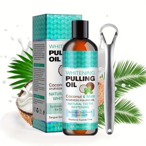 Mint Coconut Oil Pulling Mouthwash For Fresh BreathTeeth Whitening Deep Oral Clean Relieves Bad Breath Reduces Tooth Decay Gum Care(Mouthwash + Tongue Scraper)