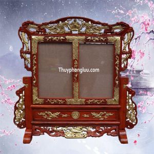 Khung 2 ảnh thờ trạm tứ linh rát vàng gỗ huong cỡ ảnh thờ 20x30