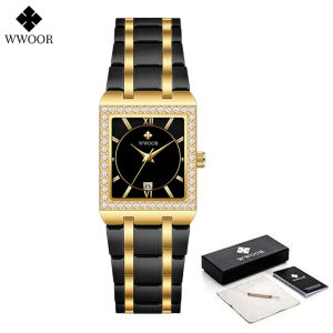 WWOOR Top Luxury Men Wristwatch Fashion Square Male Gold Black Casual Watches Japanese Quartz Watch Stainless Steel Bracelet With Calendar