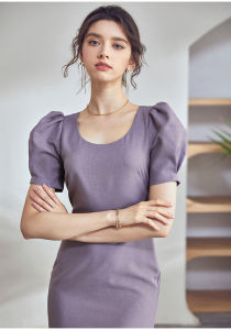 Đầm bút chì cổ U tay phồng ngắn màu tím dáng ôm