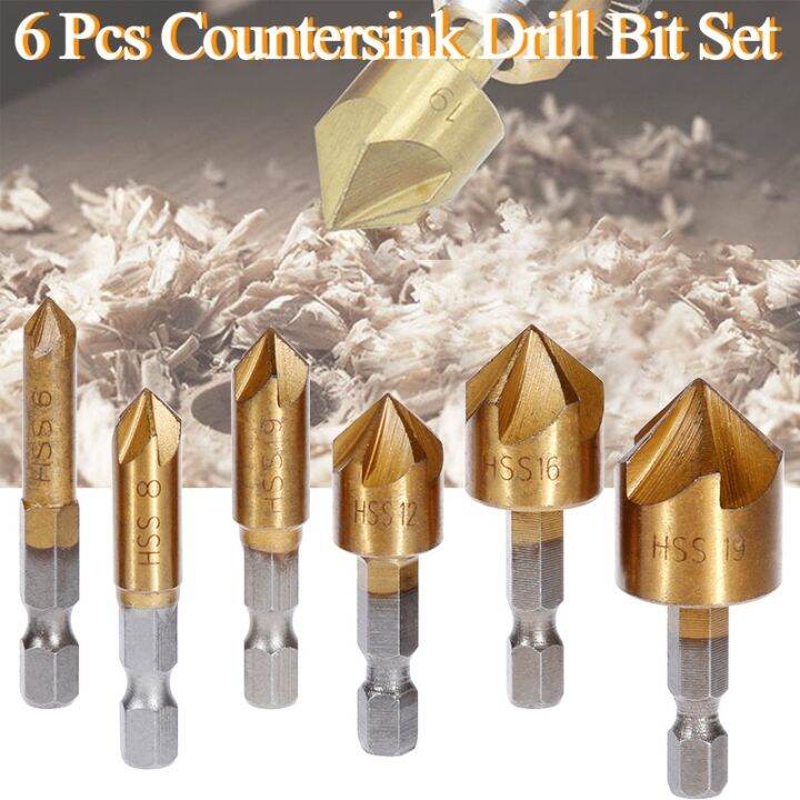 6 Pcs Countersink Drill Bit Set 1/4'' Hex Shank HSS 5 Flute Countersink ...