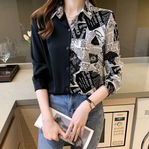 【NEW+STOCK】Korean Long Sleeve For Women Shirt Contrast Printed Loose Shirt V-neck Fashion Top