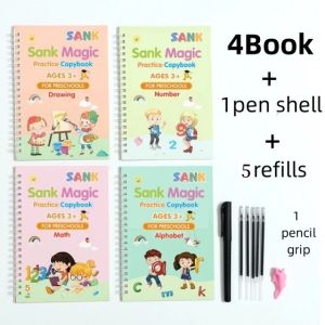 4pcs Set Books + Pen Magic Practice Book Free Wiping Children English Copybook