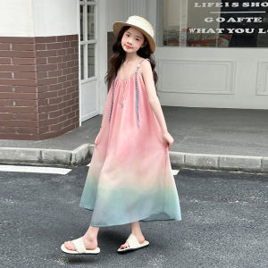 French Style Kids Designer Luxury Pink Gradient Beach Dress for Girls Elegant Vintage Vacation Clothing Child Sleeveless Dresses h260702