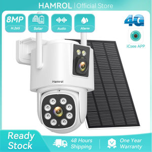 Hamrol 4k 8MP Dual Lens Dual Screen 4G AOV PTZ Solar Battery Camera Alarm Remind Waterproof CCTV
