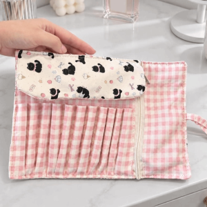 BESTITIT Đa Khe Cắm Túi đựng cọ trang điểm Cuộn lên Họa tiết lưới Bao đựng cọ Ngọt ngào Di động Hộp đựng mỹ phẩm du lịch