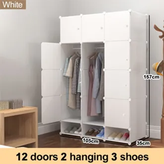 Almari Pakaian Storage Cabinet Black/White Door Cabinet Hanging Clothes Organiser Cartoon Pink/Blue Color Wardrobe Plastic Bedroom Wardrobe/ 卧室衣柜