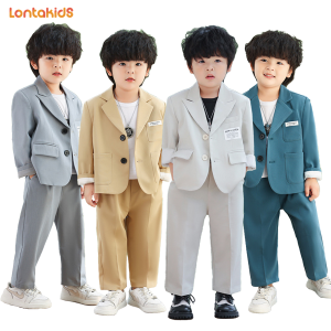 lontakids เด็กวัยหัดเดิน1-11ปีชุดลำลองธรรมดาสีเบจสีเทาอมเทา2ชิ้น (เสื้อเบลเซอร์ + กางเกง) ชุดปาร์ตี้วันเกิดงานแต่งงานการแสดงเปียโนชุดประกวดกิจกรรมโรงเรียน