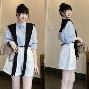 Set đồ nữ công sở đồ thiết kế mặc hè set áo sơmi cổ bẻ tay dài Lụa sọc kèm khoác phối quần short Kaki có nịt