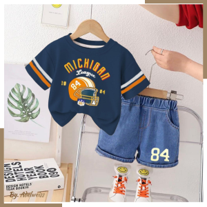 Setelan Sporty Anak Motif Michigan 84 - Baju T-Shirt & Celana Jeans - Usia 1-5 Tahun
