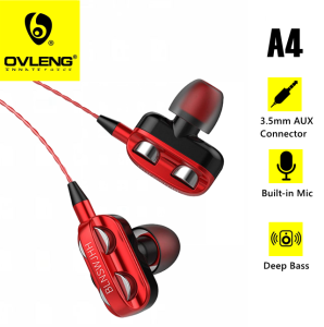 A4 Super Bass Double Speaker Sport Wired Earphone with Microphone 3.5mm Interface