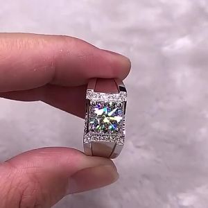 18K White Gold Moissanite Mens Diamond Ring 1 Carat Mens Ring Sandblasted Matte White Gold Ring
