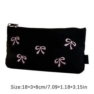 [haoh] Ins Style Simple Black Bow Pencil Case Large Capacity Pencil Storage Bag Cosmetic Bag Stationery Organizer School Supplies