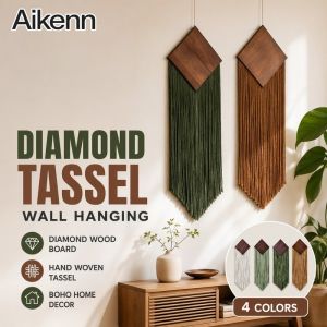 Macrame Wall Hanging Hand Woven Cotton Tassel Boho Tapestry Diamond Wood Board Wall Decor