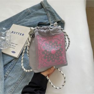 Cashew Flower Embroidery Drawstring Bag Korean Style Crossbody Bag Nylon Shoulder Bag Purse Bucket Bag Mobile Phone Bag2026