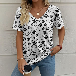 [Local Stock] ZEEMIN Summer Animal Paw Prints 3D Print T-shirt Women Streetwear Casual T Shirts Tops Woman Harajuku V-Neck Tees Oversized Clothing