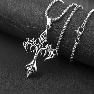 1pcs Fashionable Steel Warrior Flame Retro Cross Pendant Necklace Suitable for Men Daily Wear