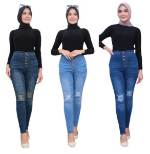 Celana High Waist Kancing 5 Jeans Panjang Wanita Jumbo Ripped Premium