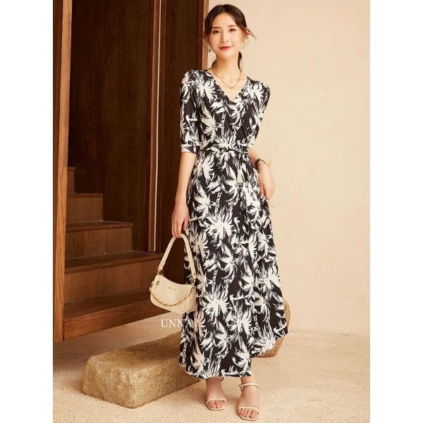 UNNA Readystock Women Wrap Dress Casual Lace-up Slim Waist V-neck Bohemian  Maxi Dresses | Lazada