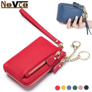 Novco Wristlet Genuine Leather Women Wallet Small Zipper Coin Purse Simple Casual Female Leather Wallet Keychain Purse Small Key Case