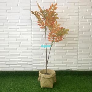 Pohon Artificial Daun Willow X2 Merah & Hijau Semilatex Cover Pot Anyaman Purun Handle Dekorasi Kantor Aesthetic