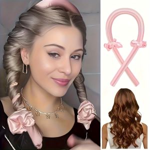 3pcs No Heat Curling Iron 1 Long Rod + 2 Hair Bands Set - No Heat Band Curler Curling Wand Curly Hair with Hairband Lazy Natural Soft Wave DIY Styling Tool