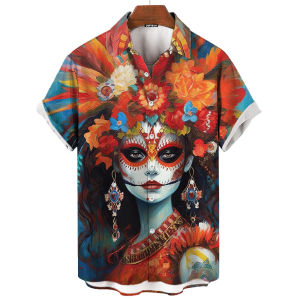 ZEEMIN  Day Of The Dead Shirt Skull Mens Shirts Skull Face 3d Print Short Sleeve Retro Loose Oversized Man Clothing Festival Clothing