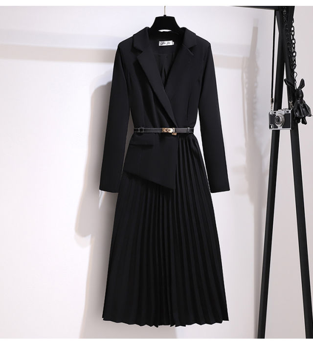 Autumn Vintage Pleated Belt Patchwork Women Blazer Dress Elegant Office ...