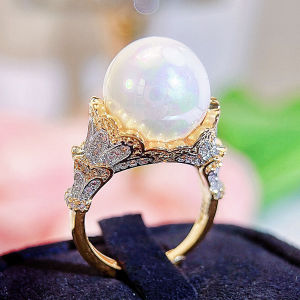 SEQUITO Luxury Silvery Golden Finger Jewelry Micro Paved Tiny AAA Cubic Zirconia Prom Party Big Pearl Adjustable Ring Women Accesorries SR141