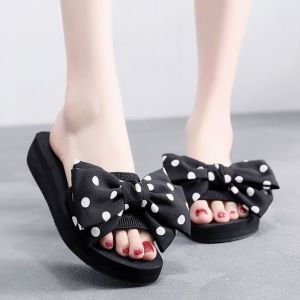 Free Shipping Korean-Style Summer Sandals For Women Designed For Outdoor Wear Featuring A High Heel A Bow A Non-Slip Sole A Wedge Heel And A Thick Platform Perfect For The Beach