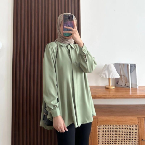 Blouse Kinka Shakila Polos Rayon Panjang Leher Pita - Baju Wanita Kasual