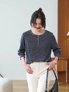 AMMIN 2025 Autumn New Simple Round Neck Fashion Color Block Striped Pocket Design Stretch Knit Sweater Womens Long Sleeve Loose Casual Lazy Style Elegant Blouse