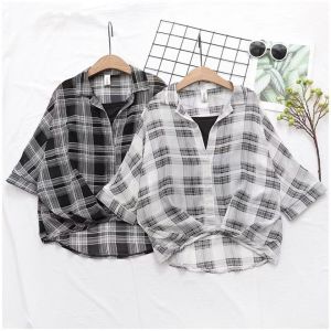 Summer Chiffon Plaid Shirt Womens Blouse Retro Irregular Loose Female Tops Ladies Fashion Clothes 2021