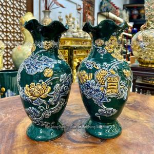 Lọ Hoa Miệng Lượn Lọ Hoa Thờ Cúng Men Xanh Lục Bảo Hàng Đắp Nổi Thủ Công Bát Tràng Sứ Bát Tràng Cao Cấp