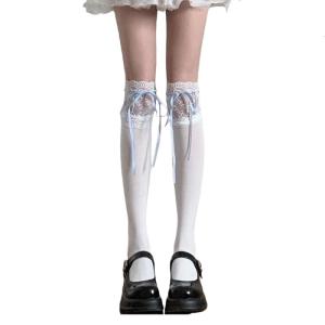 ถุงน่องยาวถึงต้นขาสำหรับผู้หญิงโบว์ประดับถุงเท้าระดับเข่าด้วยลูกไม้ถุงเท้าบูทยาวโลลิตัสหวาน