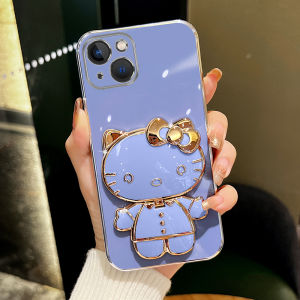 CrashStar Plating Soft Phone Case With Cartoon Kitty Makeup Mirror Stand For iPhone 16 15 14 Pro Max Plus 13 12 11 Pro Max Mini XR X XS Max 8 7 Plus + SE 2020 Fashion Cute Phone Casing Cover With Full Cover Lens Camera Protection
