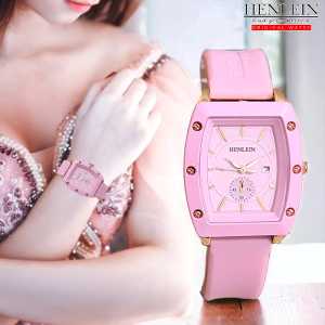 HENLEIN Jam Tangan Wanita Original Bergaransi Bentuk Oval Elegan Tali Silikon HW-6003 Soft Pink