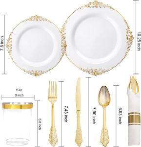 Elegant Gold-Trimmed White Disposable Dinnerware Set for 25 Guests - 150Pcs Plates Cups Cutlery & Napkins