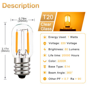 E12 E14 Mini Led Light Bulb T20 1W 2W Candelabra Edison Bulb Antique Retro Tubular Warm White Filament Bulb 220V Dimmable Decorative Night Lamp for home