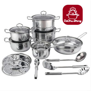 Bộ nồi chảo inox siêu bền 18 món – Bộ dụng cụ nấu nướng gia đình (Bao gồm các nồi súp kích cỡ 16–26cm)