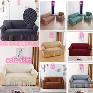 Fast Shippi11ng+High Quality+Free Foam Strips]Seersucker Sofa Cover with Elastic Skirt 1 2 3 4 Seater L-shaped Corner Sofa High Stretch 3D Bubble Cloth Elastic All-inclusive Universal Stretchable Muti-sizes Anti-Skid Stretch Protector +Foam Stick