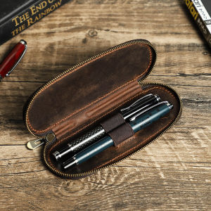 Genuine Leather Zipper Pen Case Handmade Pen Box Pen Bag High Quality Retro 2 Slots Pen Pouch For Office School